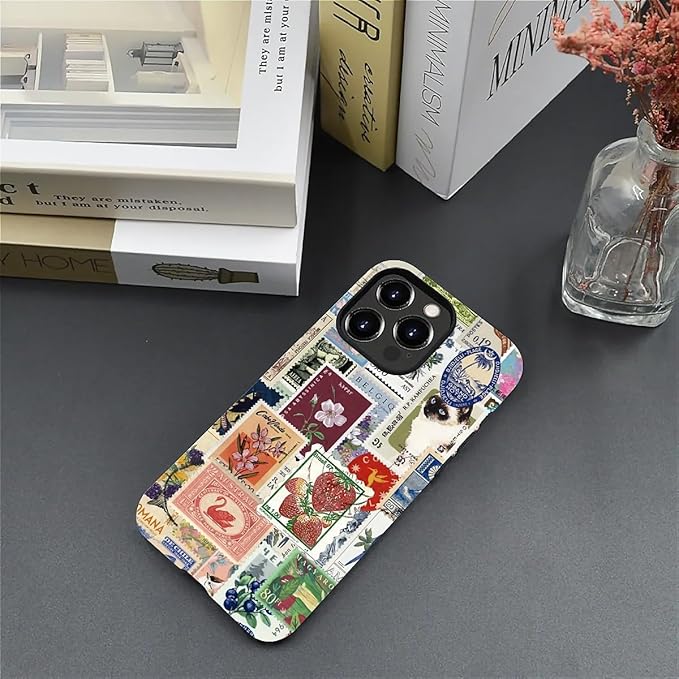 Case for iPhone 12 Pro Max,Vintage Stamp Collage for Woman Men Full Body Protective Cover Shockproof 2 in 1 Silicone + Hard PC Case for iPhone 12 Pro Max