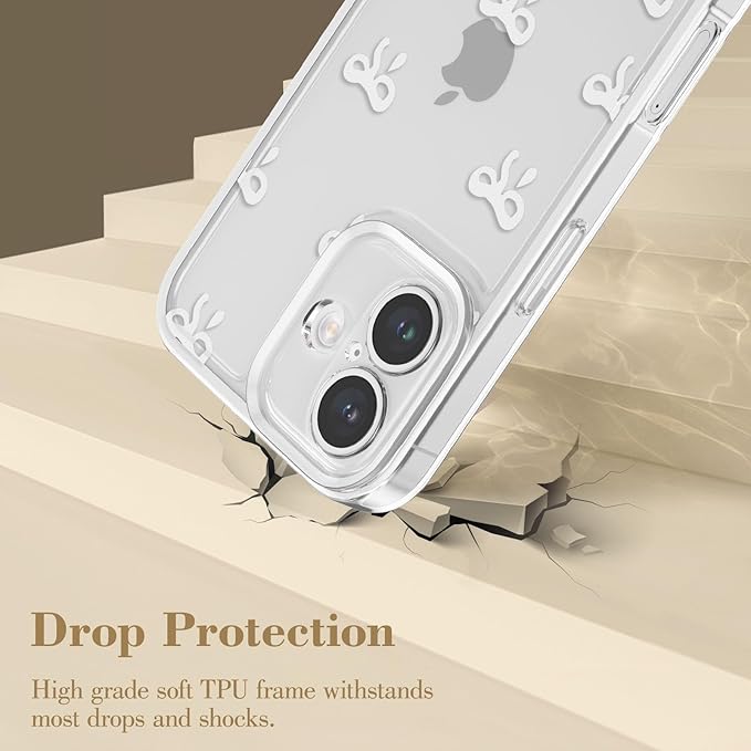 EYZUTAK Case for iPhone 16 Plus, Clear Cute Ribbon Bowknot Pattern Aesthetic Transparent Phone Case Raised Camera Protection Stylish Slim Soft Durable TPU Protective Cover for Women Girls - White