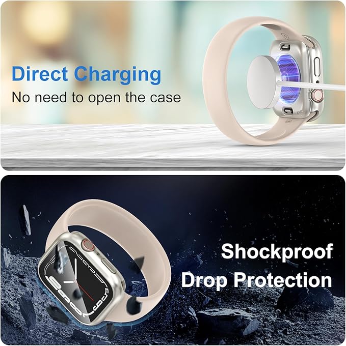 3 in 1 Waterproof Case for Apple Watch Screen Protector 41mm Series 9 8 7 Accessories Built-in Tempered Glass Film,Front and Back PC Hard Bumper 360° Protective Face Cover for iWatch 41mm
