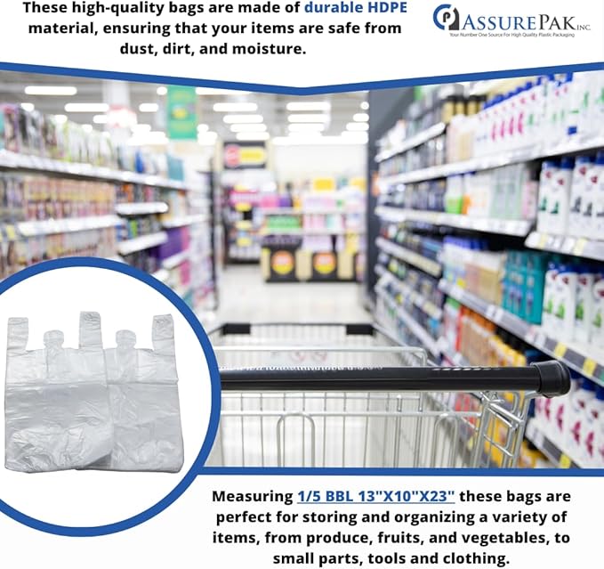 Easy Open - Stock T-Shirt Plastic Bag - Clear - 13"x10"x23" with handles – 500 Units – 14 Microns - 1/5 BBL – Perfect for Grocery Shopping and Store Purchases