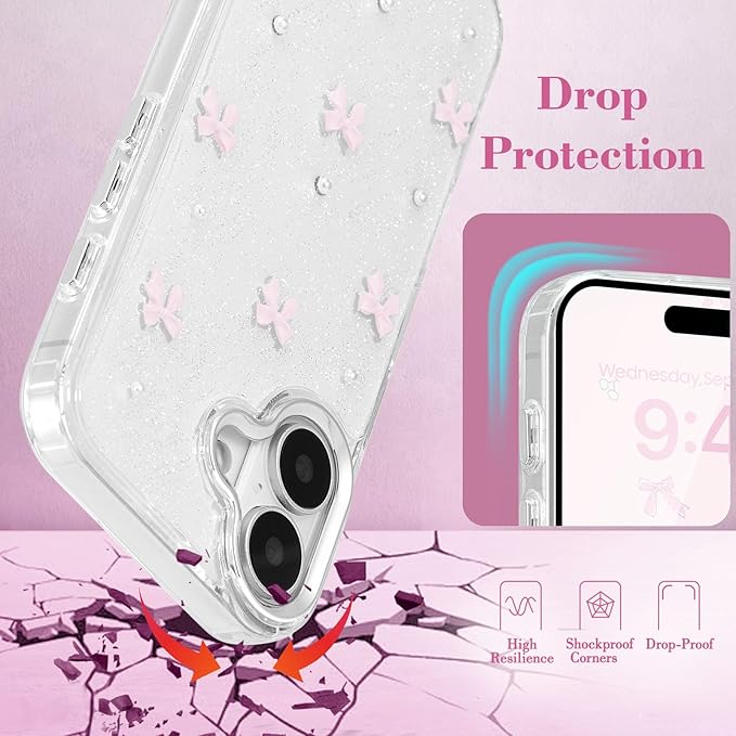 EYZUTAK Case for iPhone 16 Plus, Bling Glitter 3D Bowknot Phone Case Cute Sparkly Crystal Clear Bow Aesthetic Design Case Slim Soft Durable TPU Transparent Protective Cover for Women Girl - Pink Bow