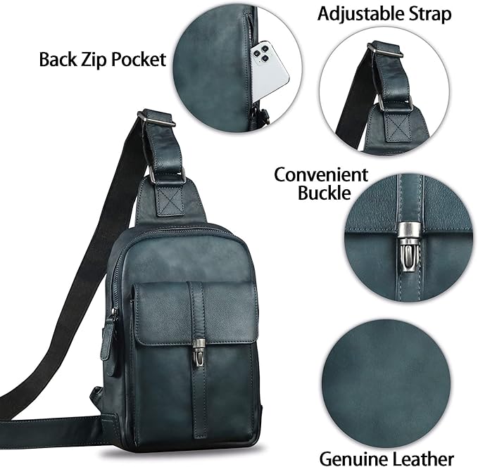 IVTG Genuine Leather Sling Bag Casual Shoulder Hiking Backpack Vintage Handmade Crossbody Bag Retro Chest Daypack (NavyBlue)