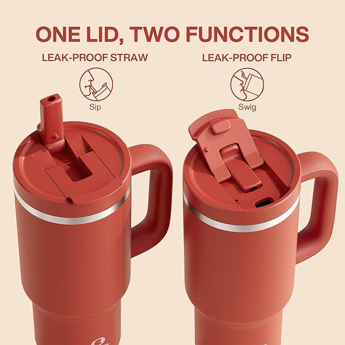 32 oz Tumbler with Handle and Straw: Stainless Steel Insulated Tumbler Keeps Cold for 24 Hours, Leakproof Travel Cup Fits in Cup Holder and BPA-Free, Medium Carmine