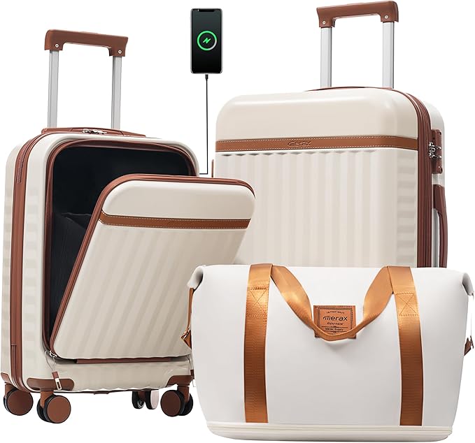 Merax Luggage Sets Front Opening, 2 Piece Hardshell Suitcase with Spinner Wheels and Bags,Lightweight Carry on Luggage with USB Port,20+24,White and Brown