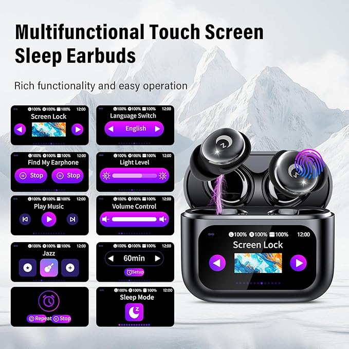 Sleep Earbuds Bluetooth 5.4 in Ear Smart Touch Screen Ear Buds, 48H Playtime Mini Sleep Headphones Small Design for Side Sleepers, Crystal-Clear Calls, 5 EQ Modes, IPX7 Waterproof Earphones Black