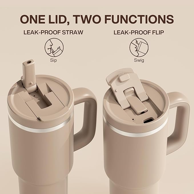 40 oz Tumbler with Handle and Straw: Stainless Steel Insulated Tumbler Keeps Cold for 24 Hours, Leakproof Travel Cup Fits in Cup Holder and BPA-Free, Raw Umber