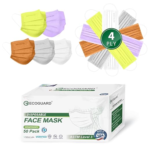 Disposable Face Masks Made in USA, 4 Ply for Families, Students, Breathable All-Day Wear & Safety, FSA HSA Eligible, ASTM Level 3 Medical Grade, 50 Pack, Dusky Bloom