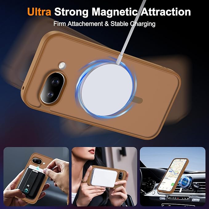 Compatible with Google Pixel 9A Case with Magnetic [Compatible with Mag-Safe][Military Grade Drop Protection] Slim Translucent Matte Phone Case with Anti-Fingerprint Tech, Brown