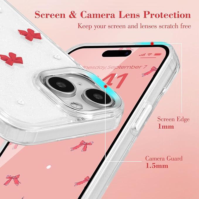 EYZUTAK Case for iPhone 15, Bling Glitter 3D Bowknot Phone Case Cute Sparkly Crystal Clear Bow Aesthetic Design Case Slim Soft Durable TPU Transparent Protective Cover for Women Girl - Red Bow