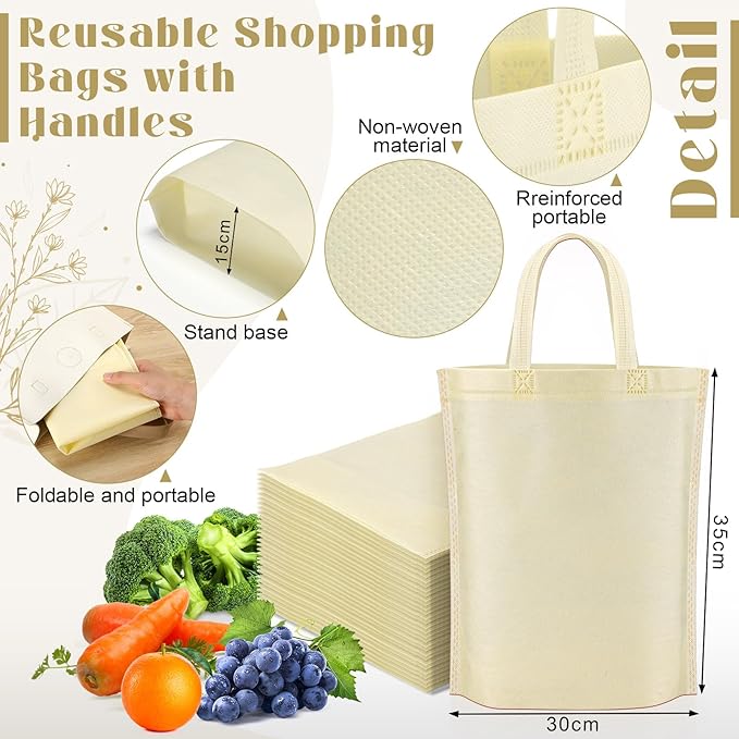 Windyun Reusable Grocery Bags Large Non Woven Shopping Bags with Handle Foldable Portable Tote Carryall Bulk 11.8x6x13.8 Inch