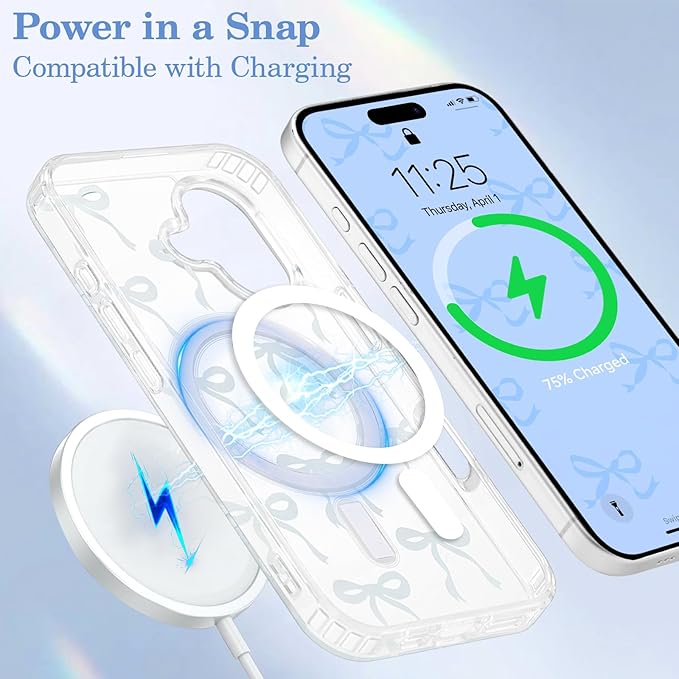 UEEBAI Magnetic for iPhone 16 Plus Case, Bow Case Compatible with MagSafe, Wireless Slim Clear Ribbon Aesthetic Phone Cover Anti-Yellowing Shockproof Protective Cover for Women Girl - Baby Blue