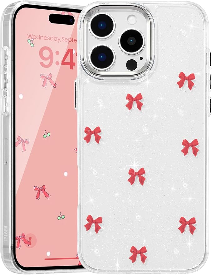 EYZUTAK Case for iPhone 16 Pro Max, Bling Glitter 3D Bowknot Phone Case Cute Sparkly Crystal Clear Bow Aesthetic Design Case Slim Soft Durable TPU Transparent Protective Cover for Women Girl-Red Bow