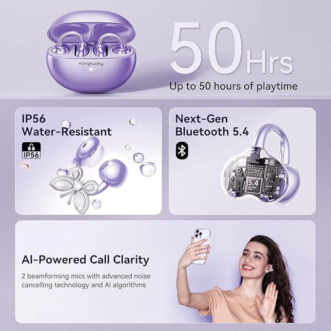 Kinglucky ClipFree Open-Ear Headphones, Butterfly-Inspired Ear-Cuff Design, Stylish & Comfortable Clip-On Ear Buds, Wireless Earbuds for Women, Long Battery Life, Great for Gifting - Purple