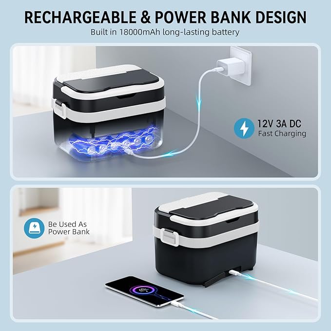 Cordless Electric Lunch Box for Adults, Rechargeable Portable Self-Heating Lunch Box Food Warmer, 1.5L Container for Outdoor, Work, Office, Camping, Travel (Black＆White)