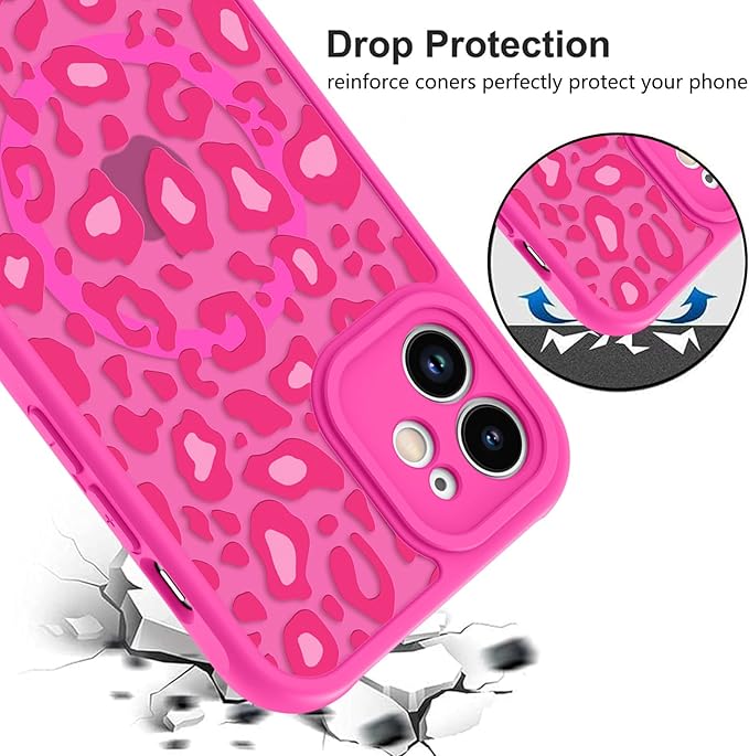 KANGHAR Case for iPhone 12 Hot Pink Leopard Printed Pattern Cute Cheetah [Compatible with Magsafe] Protective Magnetic Case for Girls Women 6.1"