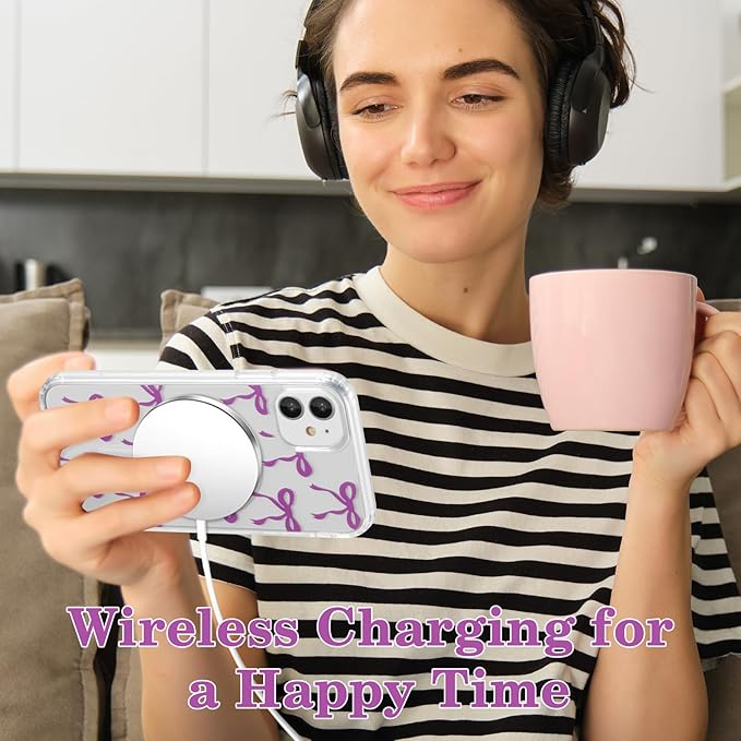 UEEBAI Magnetic for iPhone 11 Case, Bow Case Compatible with MagSafe, Wireless Slim Clear Ribbon Aesthetic Phone Cover Anti-Yellowing Shockproof Protective Cover for Women Girl - Purple