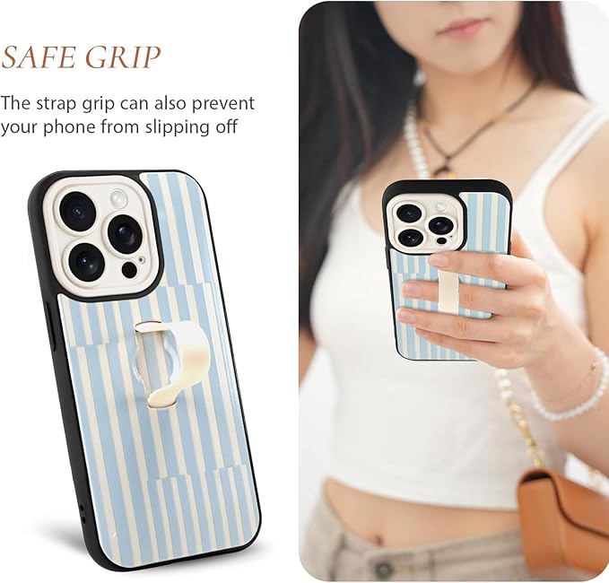 Compatible with iPhone 13 Pro Case with Finger Hand Strap Kickstand, Trendy Cool Striped Phone Case for Women Men, Full Camera Protection Shockproof Protective Cover, White and Blue Stripes