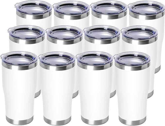 DOMICARE 20oz Tumbler with Lid Stainless Steel Tumblers Bulk, Double Wall Vacuum Insulated Coffee Travel Mug Powder Coated Tumbler, 12 Pack White