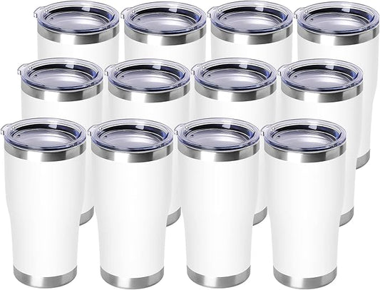 DOMICARE 20oz Tumbler with Lid Stainless Steel Tumblers Bulk, Double Wall Vacuum Insulated Coffee Travel Mug Powder Coated Tumbler, 12 Pack White