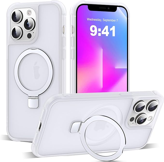 Compatible with iPhone 12 Pro Max Case & iPhone 13 Pro Max Case with Magnetic O-Ring Stand Phone Cases 6.7" [Compatible with Mag-Safe][Great Grip Feeling],Translucent