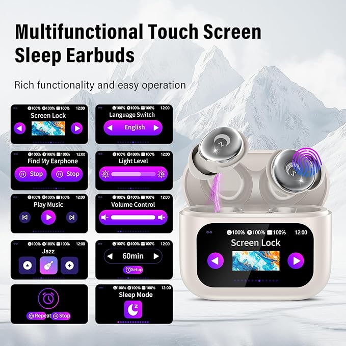 Sleep Earbuds Bluetooth 5.4 in Ear Smart Touch Screen Ear Buds, 48H Playtime Mini Sleep Headphones Small Design for Side Sleepers, Crystal-Clear Calls, 5 EQ Modes, IPX7 Waterproof Earphones Bee White