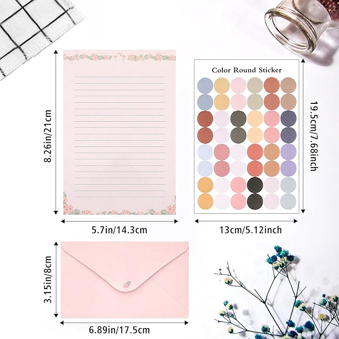 91 Pcs Stationery Paper Envelopes Set Includes 60 Lined Writing Paper & 30 Envelopes with 48 Colorful Round Dot Stickers, Cute Vintage Letter Writing and Stationery Paper Envelopes(10Style)