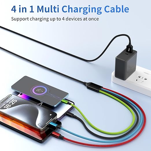 Dual Type-C 4 in 1 Multi Charging Cable [1Pack 5FT], Nylon 4 in 1 Charging Cable, Multi Chargers for All Devices with IP/Type C/Micro Port, Compatible with Most Cell Phones/Tablets and More