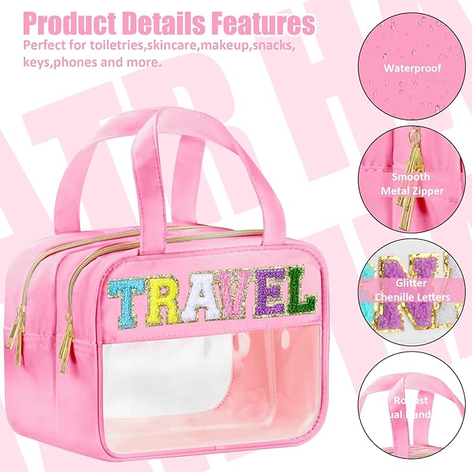 Chenille Letter Clear Travel Bags, Makeup Bag for Travel, Preppy Patch Nylon Cosmetic Bag with Handles and Zipper, Waterproof Large Clear Travel Toiletry Bag Storage Bag for Women Pink