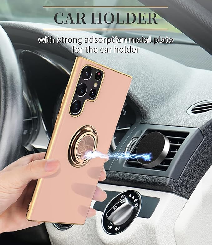 Tnarru Compatible for Samsung Galaxy S22 Ultra Case with Ring Holder Kickstand [with Magnetic] Soft TPU Shockproof Electroplated Protective Phone Case for Galaxy S22 Ultra 5G Pink