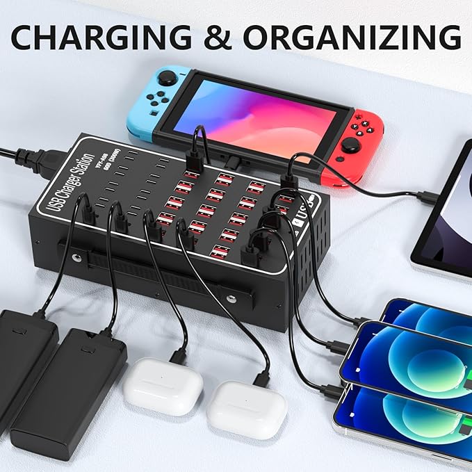 Multiple USB Charging Station, RUANSZZ 60 Port 300 Watt (60A) USB~C Charger Block with Power Switch, Multiple USB Desktop Charger Station, Suitable for Shops, Hotels, Schools, Shopping malls