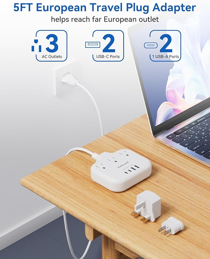 European Travel Plug Adapter, International Power Adapter, US to UK Europe Power Strip for EU/UK/US with 3 AC Outlets & 4 USB(2 USBC), 5ft Extension Cord, Type C for EU UK Europe Germany France, White
