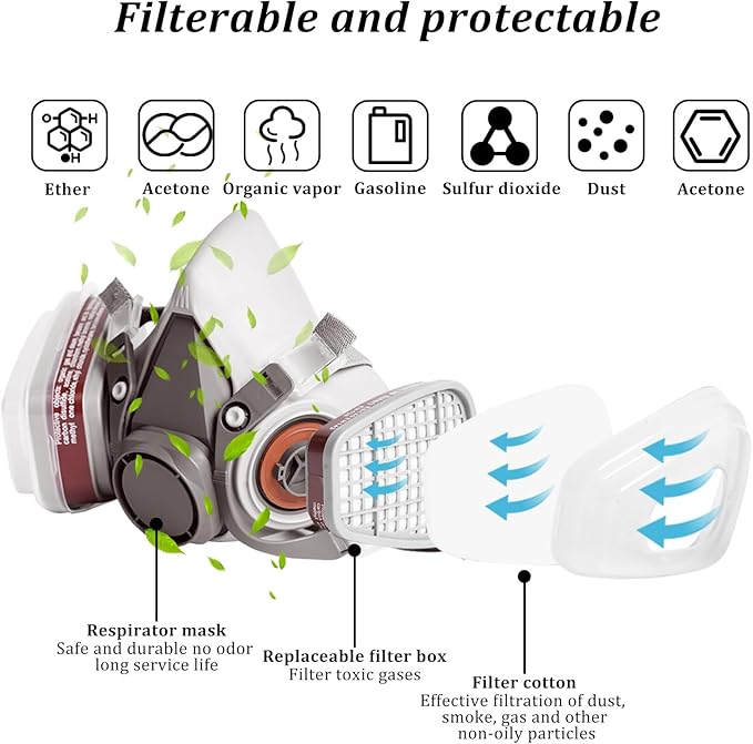 Respirator Mask, Half Face Cover Gas Mask with Safety Glasses Reusable Professional Breathing Protection, for Painting, Organic Vapor, Welding, Polishing, Woodworking and Other Work Protection