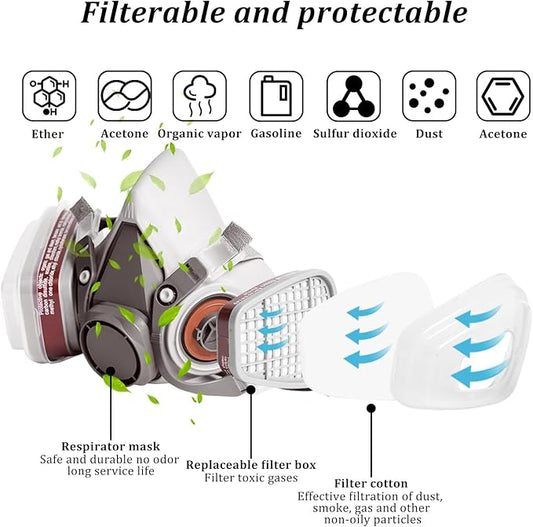 Respirator Mask, Half Face Cover Gas Mask with Safety Glasses Reusable Professional Breathing Protection, for Painting, Organic Vapor, Welding, Polishing, Woodworking and Other Work Protection