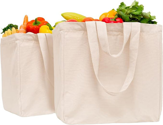 Cloth Grocery Shopping Bags Handles - Sturdy Canvas Material, Extra Large, Heavy Duty, and Premium Quality Cotton Grocery Shopping Bags with Real Pockets and Double Handles for Convenience (2 Bags)