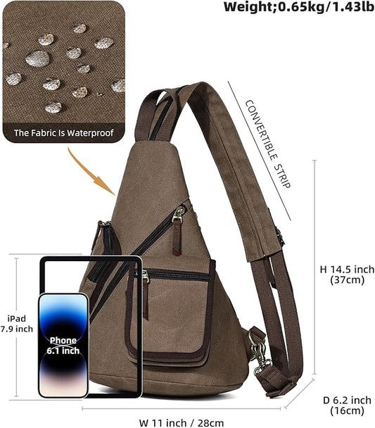 KL928 Canvas Sling Bag - Casual Crossbody Shoulder Daypack Rucksack Backpack for Men Women, Brown