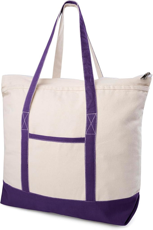 Cotton Canvas Tote Bag with an External Pocket & Top-Zipper Closure For - Gym, Beach, DIY, Work, Travel, Shopping