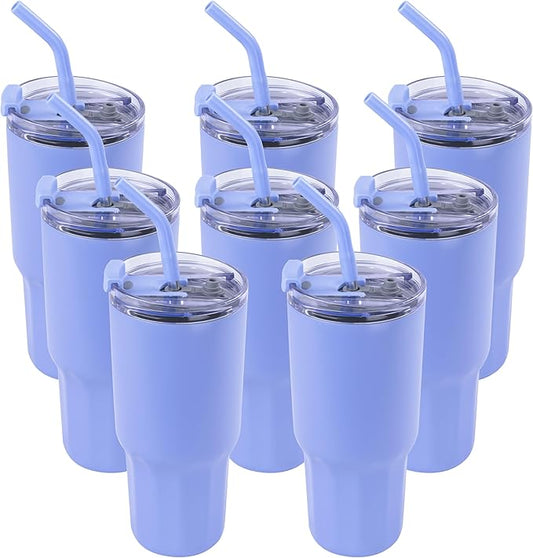 VEGOND 30 oz Insulated Stainless Steel Tumblers with lid and straw Bulk Pack Double Wall Vacuum Coffee Mug with Non-Slip Silicone Base, Sweat Proof Powder Coated Cup for Hot Cold Drinks, Blue 8Pack