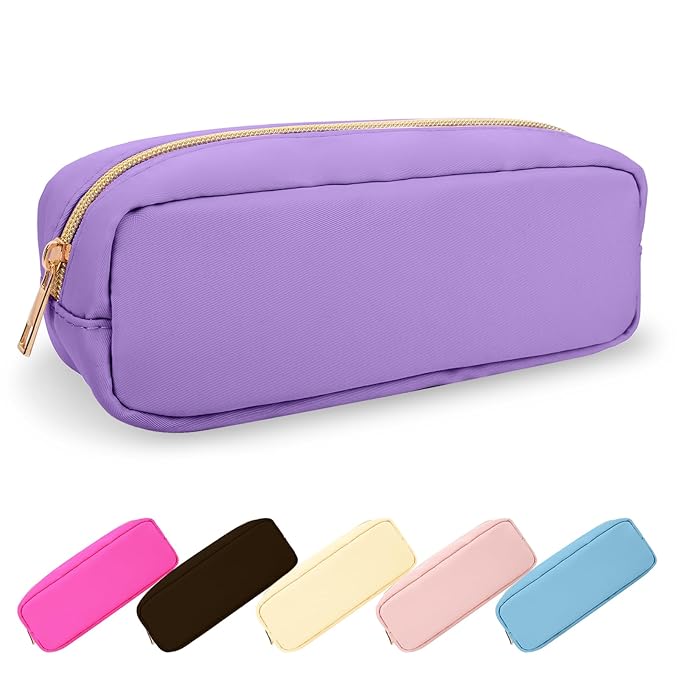 Small Pencil Case Makeup Bag for Purse, Cute Pencil Pouch Preppy Nylon Makeup Brush Bag with Zipper, Girls Portable Stationery Storage Case Small Pen Bag for Office School College(Slim-Grape)