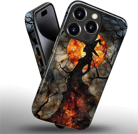 Case for iPhone 15 Pro Case,Halloween Witch Moon Stained Glass Design Hybrid Dual Protection Silicone + Hard PC Shockproof Full Body Cover Slim Anti-Scratch Protective Case for Men Women