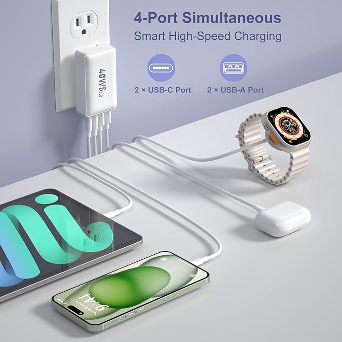Flat USB C Wall Charger, OKRAY 3-Pack 40W 4-Port QC&PD3.0 Fast Charging Blocks with Foldable Plug, Slim USB A&USB C Charger Multiport Power Adapter for iPad, iPhone 16 15 14 13 12 Pro, AirPods, iwatch