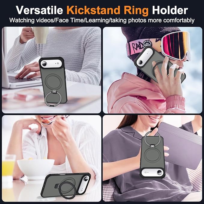 Compatible with iPhone 17 Air Case with Invisible Magnetic O-Ring Stand Military-Grade Translucent Phone Case for iPhone 17 Air 6.5" [Compatible with Mag-Safe][Great Grip Feeling], Black