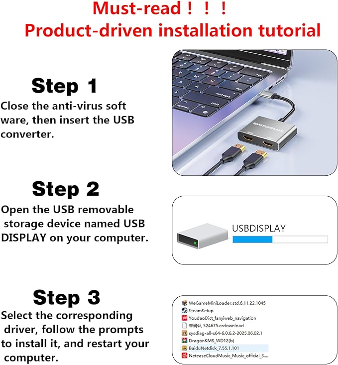 USB to HDMI Adapter,[Gold-Plated & Aluminum Shell] USB 3.0 to Dual HDMI for Dual Monitors,USB A to HDMI Splitter Support Windows,macOS - Driver Installation Required