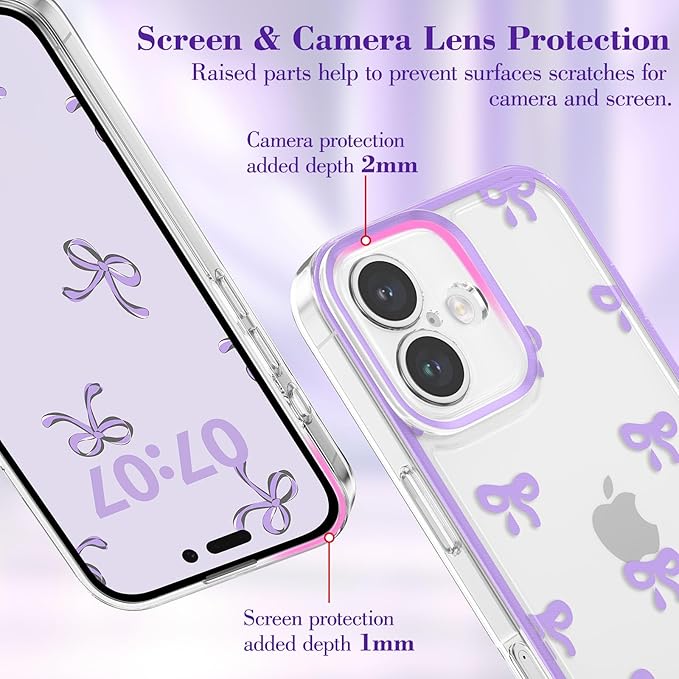 EYZUTAK Case for iPhone 16, Clear Cute Ribbon Bowknot Pattern Aesthetic Transparent Phone Case Raised Camera Protection Stylish Slim Soft Durable TPU Protective Cover for Women Girls - Purple