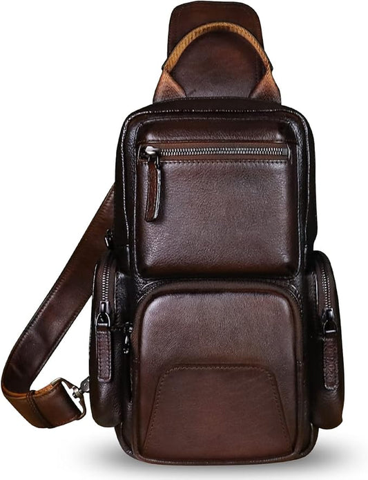 IVTG Genuine Leather Sling Bag Crossbody Casual Hiking Daypack Vintage Handmade Chest Bag Shoulder Backpack Motorcycle Pack (Coffee)