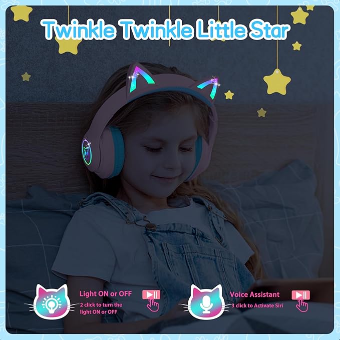 LOBKIN Kids Bluetooth Headphones,Over Ear Kids Headphones Wireless with Mic 50H Playtime Colorful LED Lights AUX Cord 94dB Safe Volume Limited Foldable Design for Boy Girl Travel/School/iPad