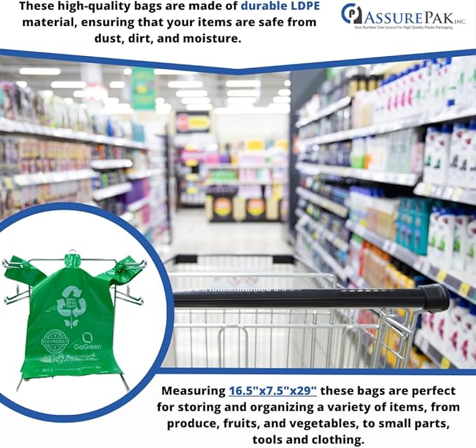 Green Reusable/Eco-Friendly LDPE T-Shirt - 16.5"x7.5"x29" - 180 Bags - 57 Micron (2.25 mil) - Green - GRNLD40REC225REU1729 - AssurePak