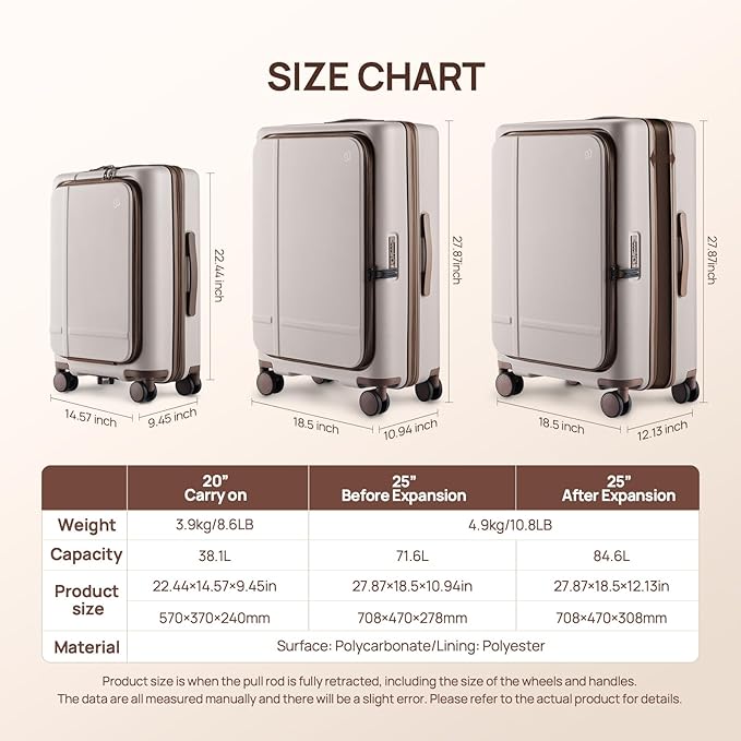 NINETYGO Medium Checked Luggage 25 Inch, Flat Top Opening Checking In Luggage with Cup Holder, Expandable, Coffee-Infused PC Hard Shell, Eco-Friendly, TSA Lock, 360° Spinner Wheels (Oats White)