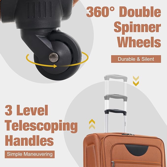 Merax Softside Luggage Set Softshell Lightweight 3 Piece Spinner Suitcase 22" 26" 30" Orange