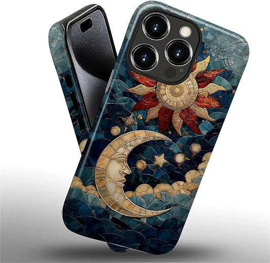 Case for iPhone 16 Pro Case,Sun Moon Stars Faux Stained Glass Design - Hybrid Dual Protection Silicone + Hard PC Shockproof Full Body Cover Slim Anti-Scratch Protective Case for Men Women