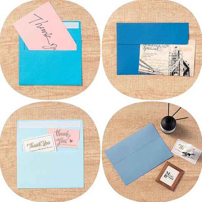 100 Pack Blue A7 Envelopes with Blank 5 x 7 Cards Self-Adhesive Business Envelopes Invitations Cards Envelopes (5 Colors Blue, A7)